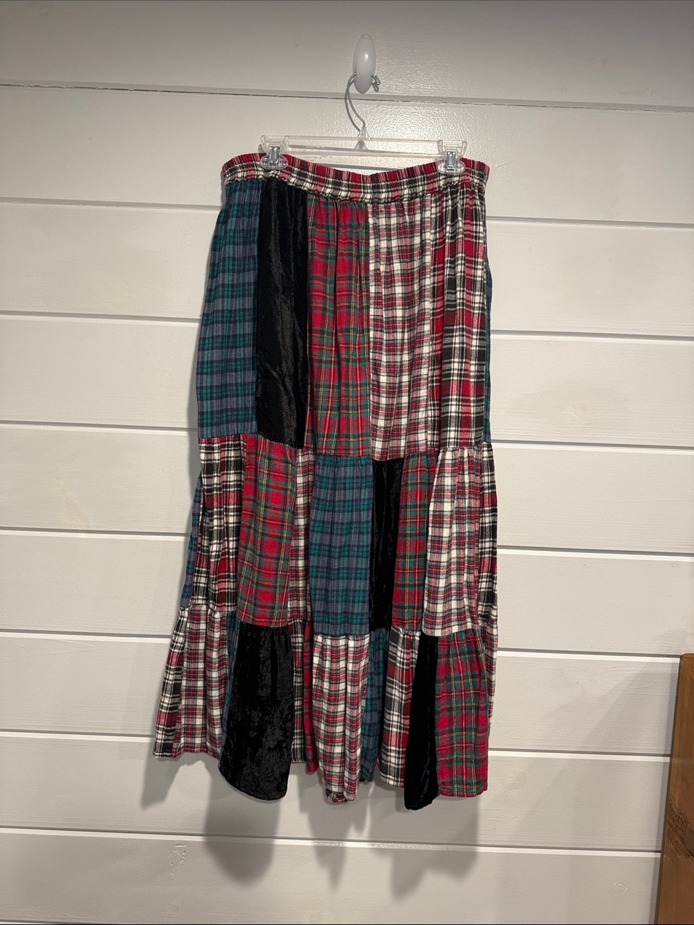 Patchwork Plaid Tiered Maxi Skirt in Red, Green, Black.  Size - XL
